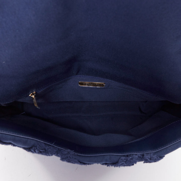 CHANEL 2021 19 navy cotton canvas fringe quilted mixed chain flap bag