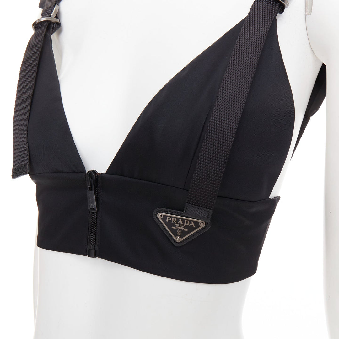 PRADA 2021 Re-Nylon Gabardine black logo buckle strap bralette crop top IT38 XS