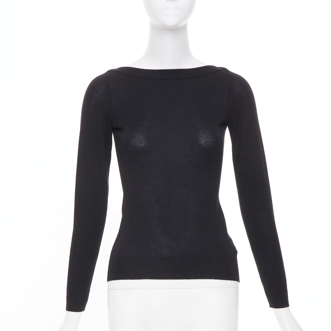 ALAIA fine knit semi sheer black virgin wool boat neck top FR36 S