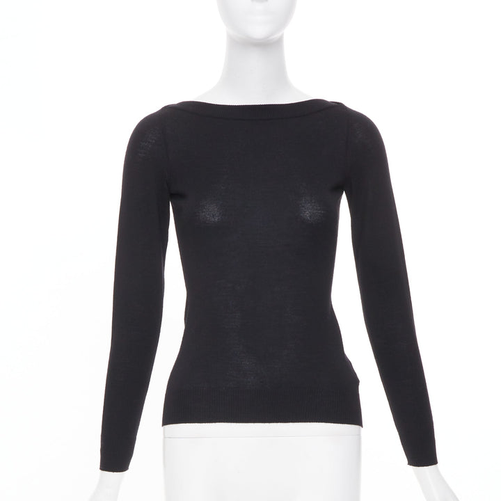 ALAIA fine knit semi sheer black virgin wool boat neck top FR36 S