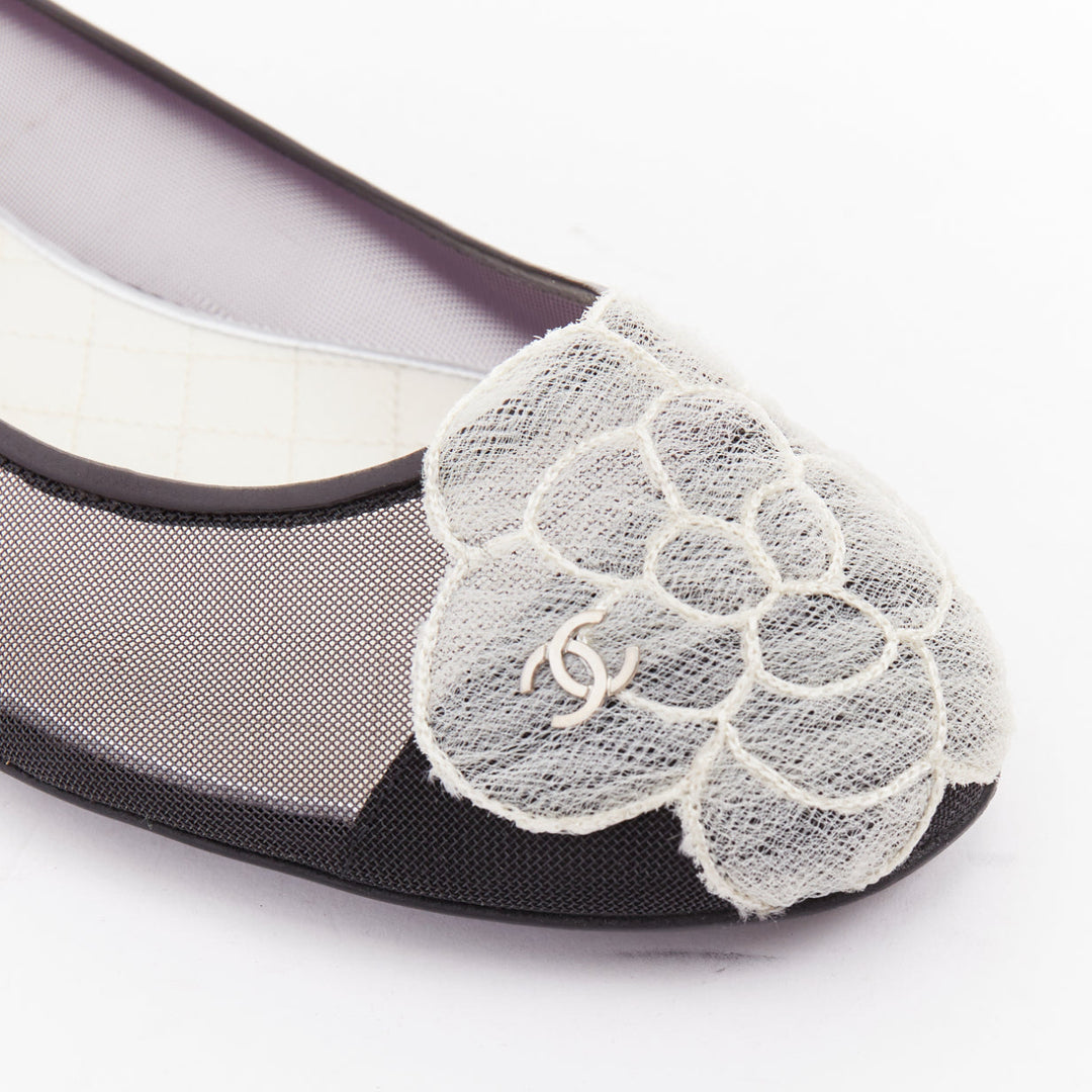 CHANEL 2009 G26433 black sheer mesh leather camellia CC ballerina flats EU37.5
