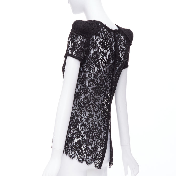 rare BALMAIN 2009 black lace shoulder padded scallop sheer top