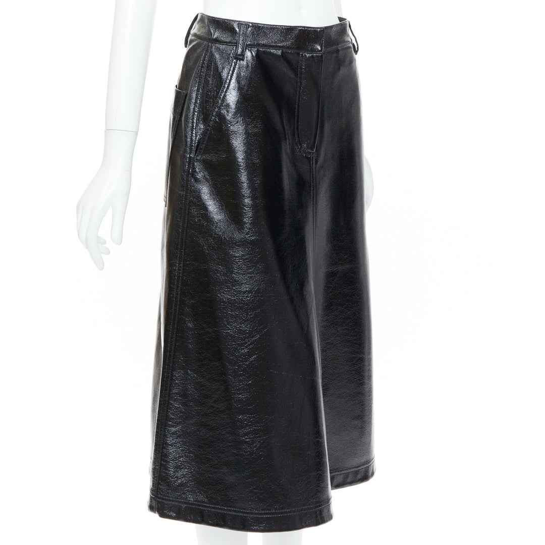 TIBI 2019 glossy black crinkled patent faux leather A-line midi skirt US0 XS