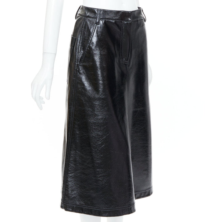 TIBI 2019 glossy black crinkled patent faux leather A-line midi skirt US0 XS