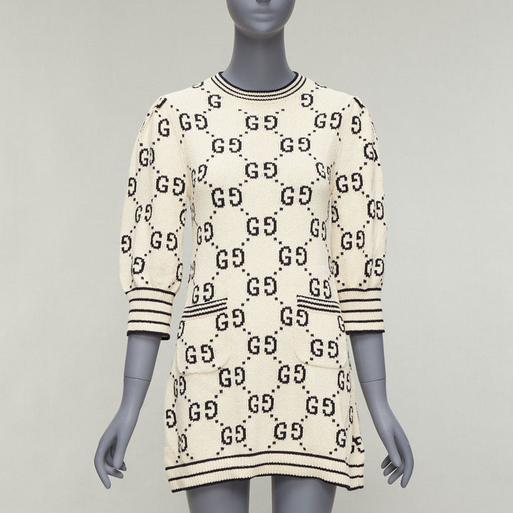 GUCCI 2022 cream cotton GG logo jacquard  striped rib sweater dress XS