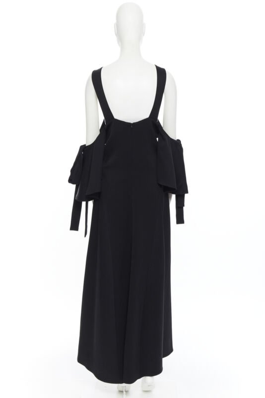 ELLERY black plunge neck cold shoulder tie sleeve ruffle midi dress US6 M