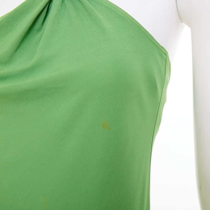 CELINE 2002 Runway horn ring green leather asymmetric shoulder halter top FR36 S