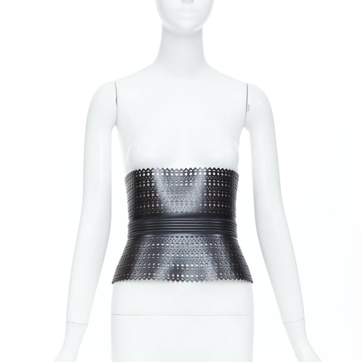 ALAIA Black Vienne openwork laser cut triple buckle leather corset belt 65cm