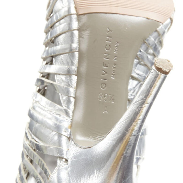 GIVENCHY metallic silver metal discs embellished strappy peep toe bootie EU36.5