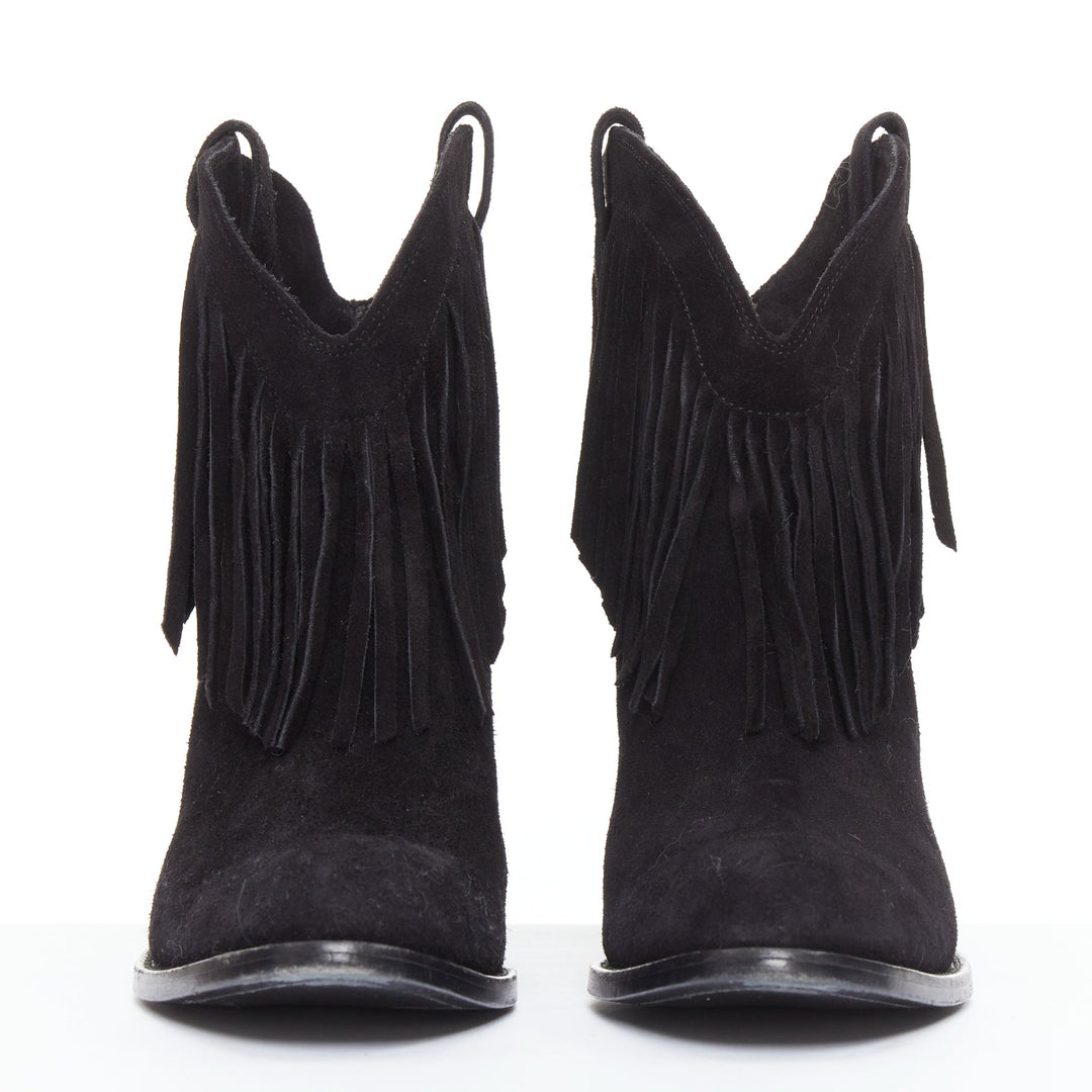 SAINT LAURENT Curtis 80 black suede fringe cuban heel western boots EU39.5