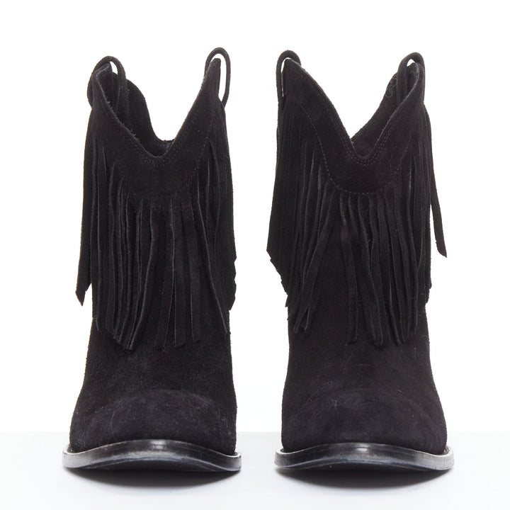 SAINT LAURENT Curtis 80 black suede fringe cuban heel western boots EU39.5