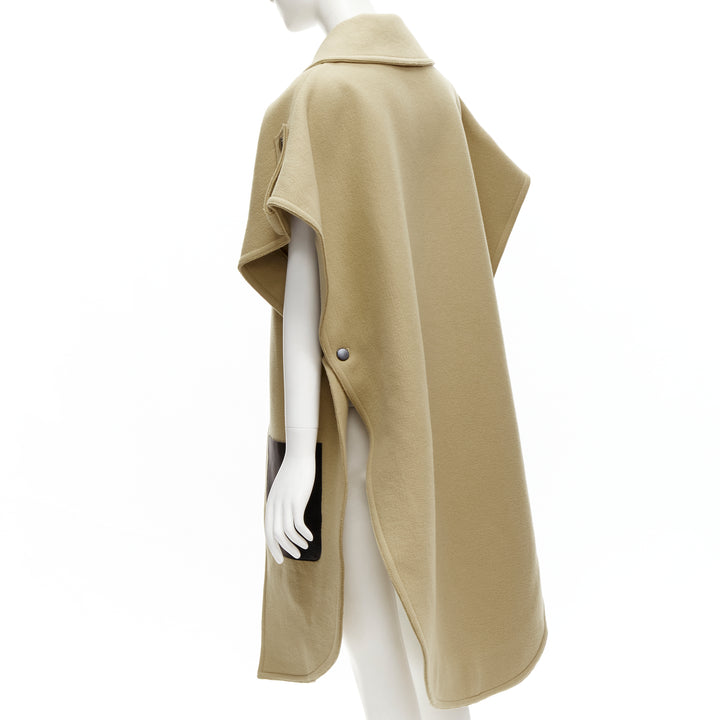OLD CELINE Phoebe Philo black leather pocket camel wool poncho coat FR36 S