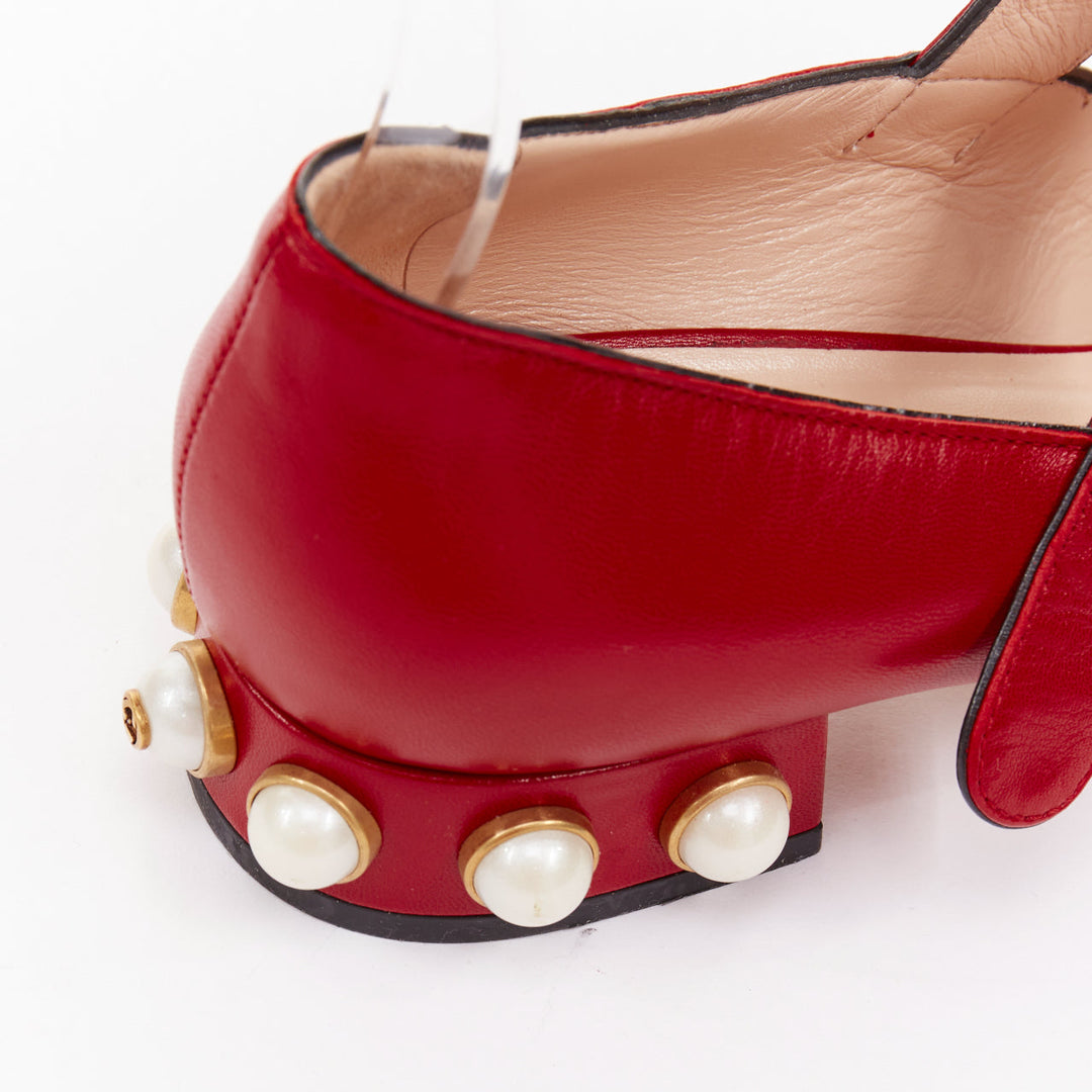 GUCCI Willow red calf leather GG pearl embellished scalloped maryjane shoes EU38