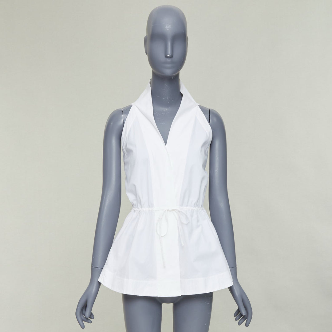 ALAIA off white cotton drawstring tie waist halter shirt top FR36 S