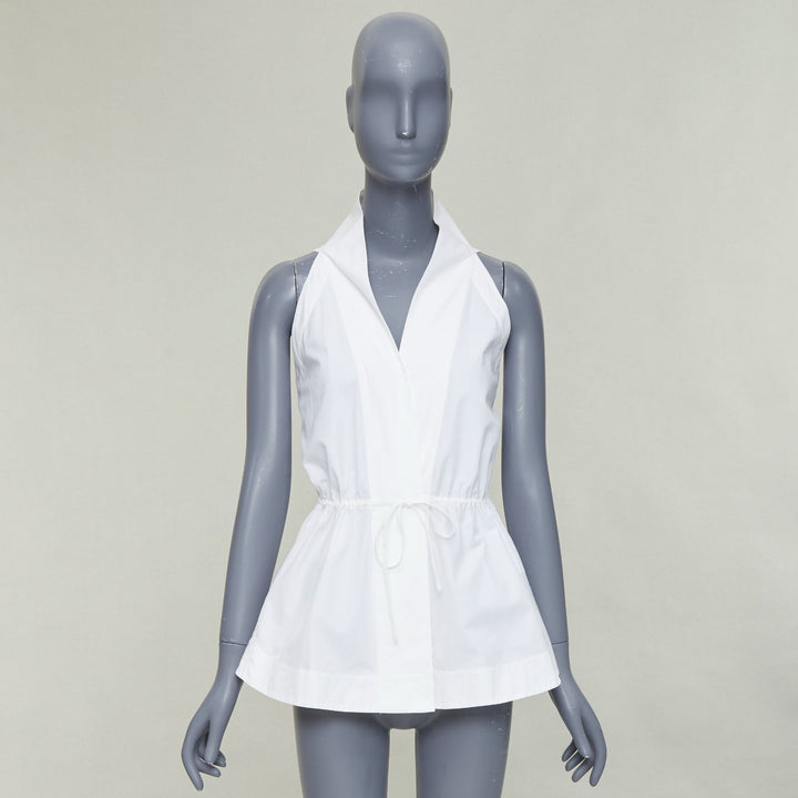 ALAIA off white cotton drawstring tie waist halter shirt top FR36 S
