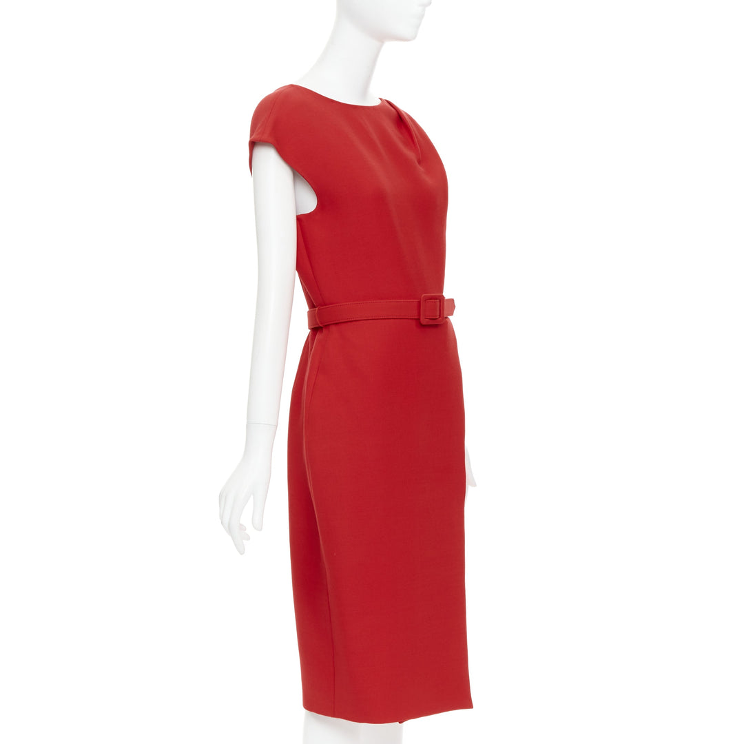 OSCAR DE LA RENTA R19 red wool silk cap sleeve belted sheath dress US8 L