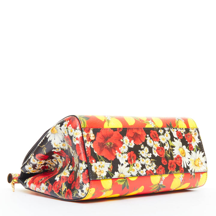 DOLCE GABBANA Miss Sicily black red yellow lemon floral leather small handle bag