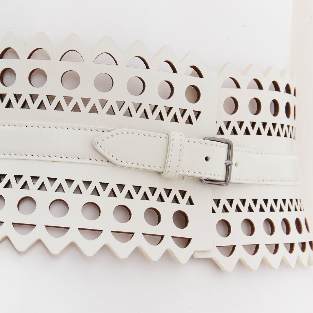 ALAIA white leather geometric cut out scallop edge wide corset belt 65cm