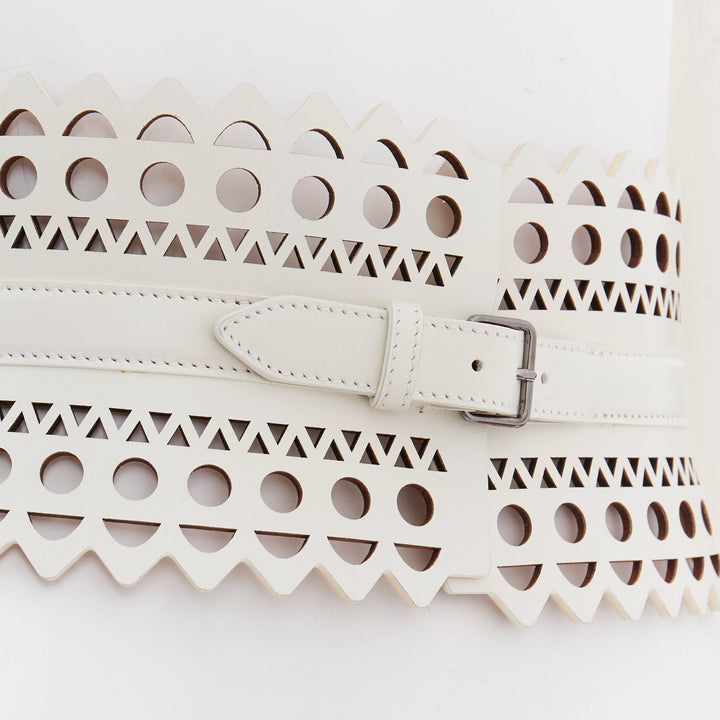 ALAIA white leather geometric cut out scallop edge wide corset belt 65cm