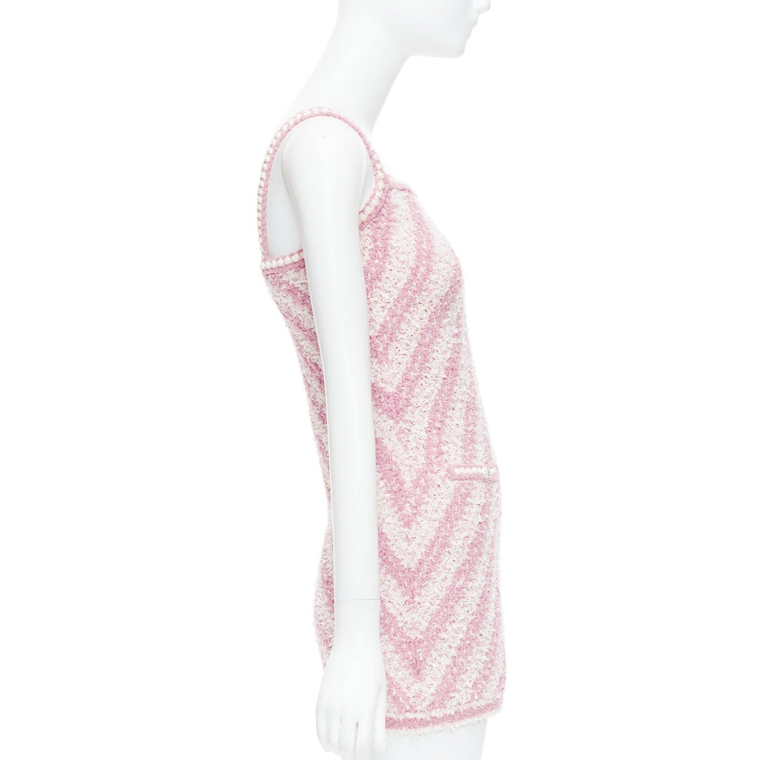 CHANEL 23S pink white cotton blend striped tweed CC mini dress FR34 XS