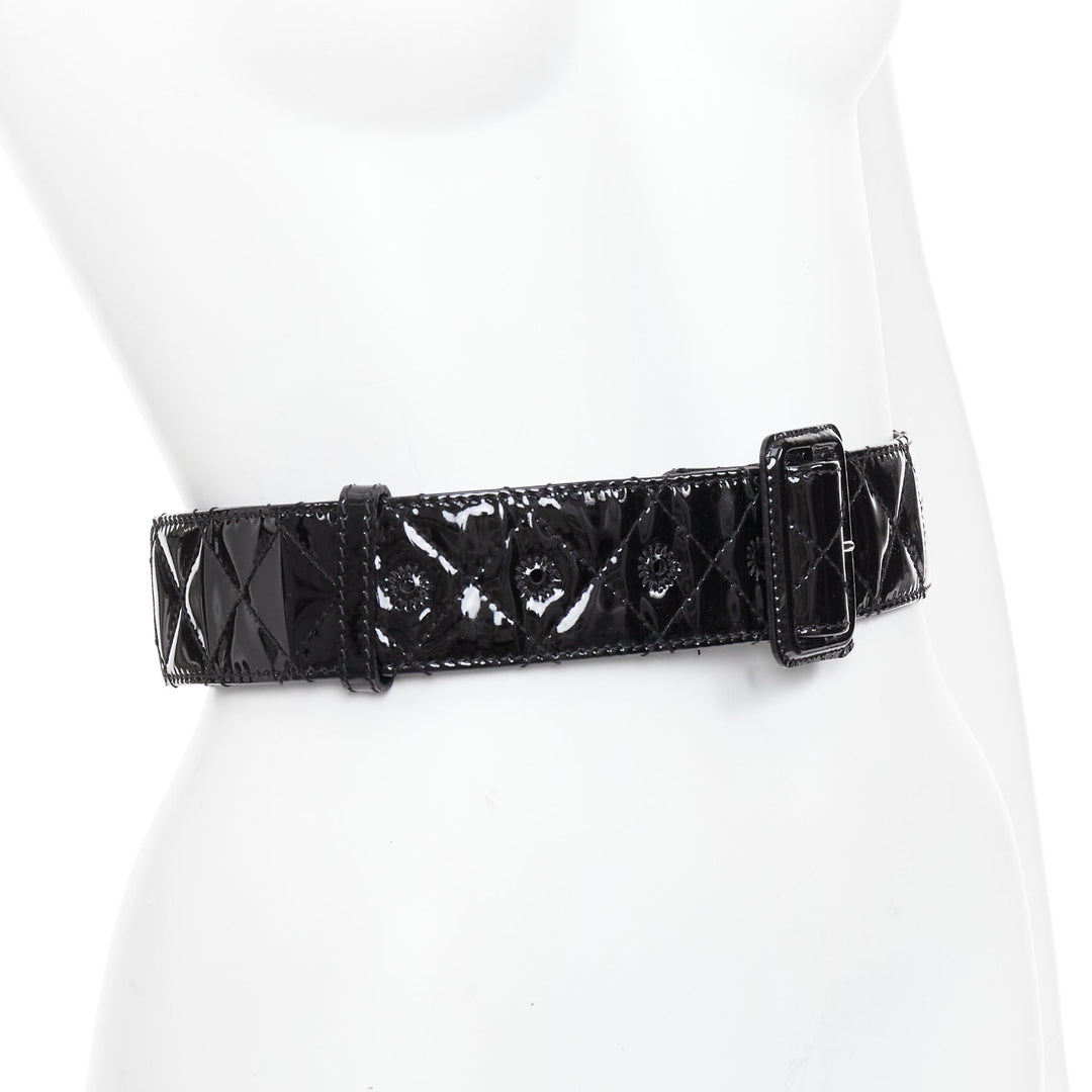BURBERRY black patent leather diamond quilted rectangular buckle belt 75cm