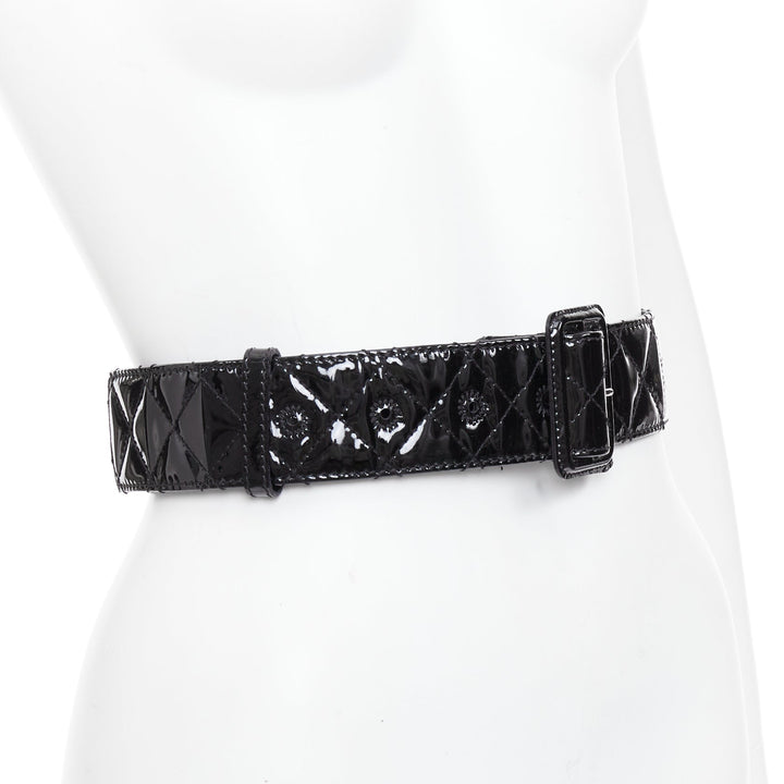 BURBERRY black patent leather diamond quilted rectangular buckle belt 75cm