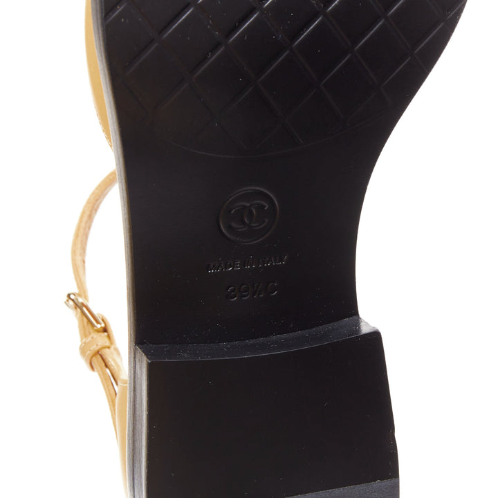 CHANEL 2023 beige lambskin interlocking CC black d'orsay mary jane flats EU39.5
