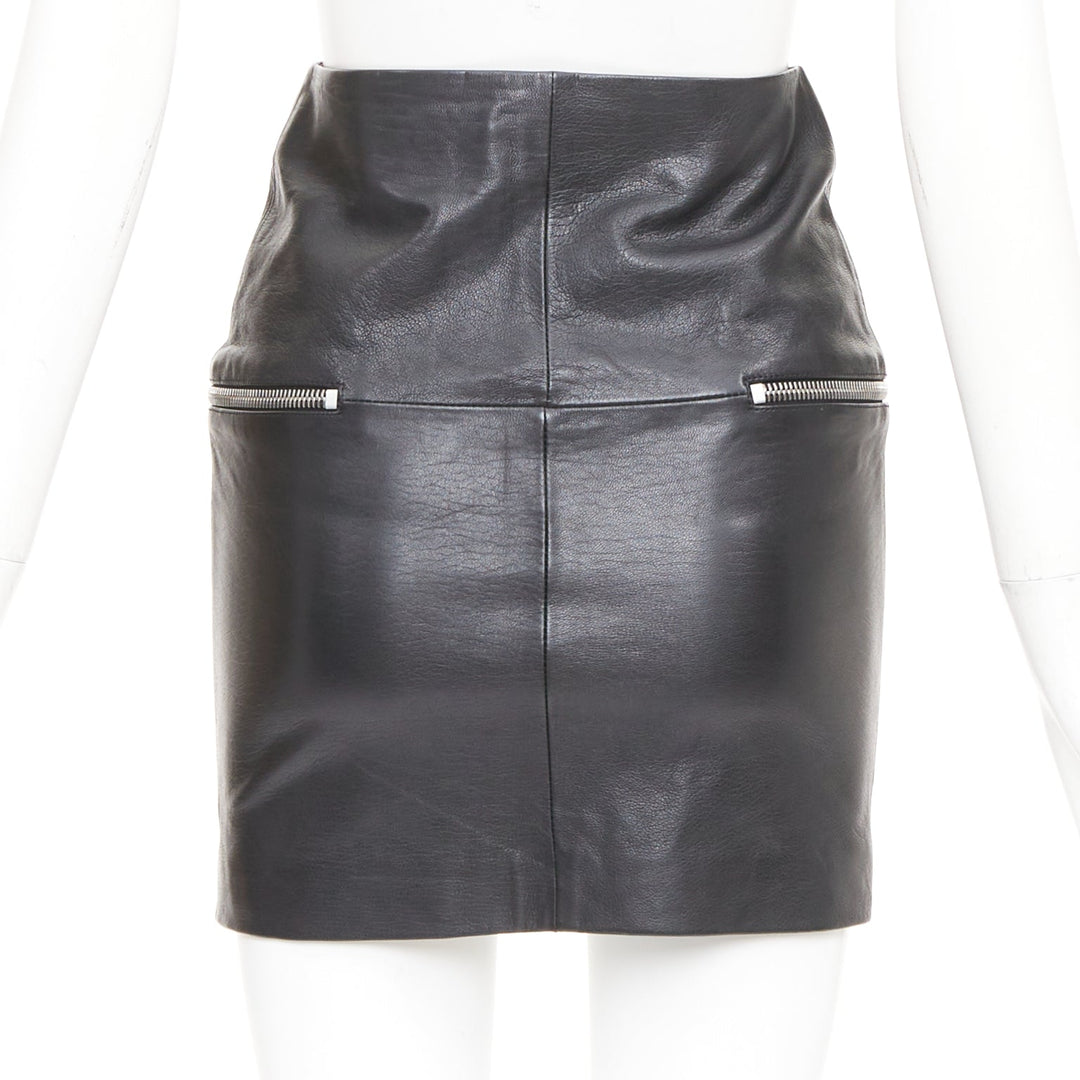 SAINT LAURENT 2014 lambskin leather exposed silver zip high waist skirt FR 34 XS