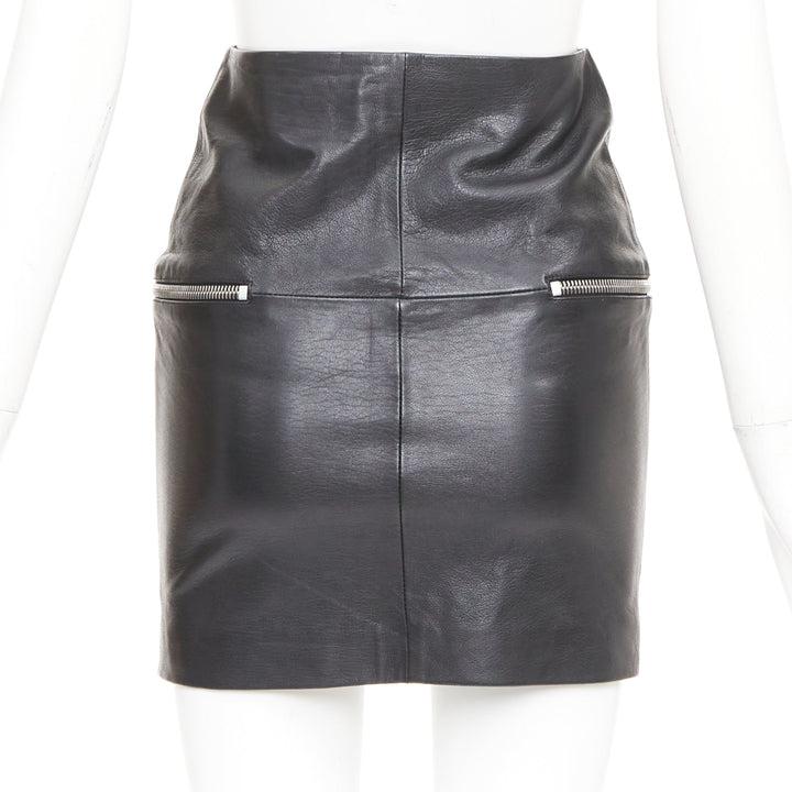 SAINT LAURENT 2014 lambskin leather exposed silver zip high waist skirt FR 34 XS