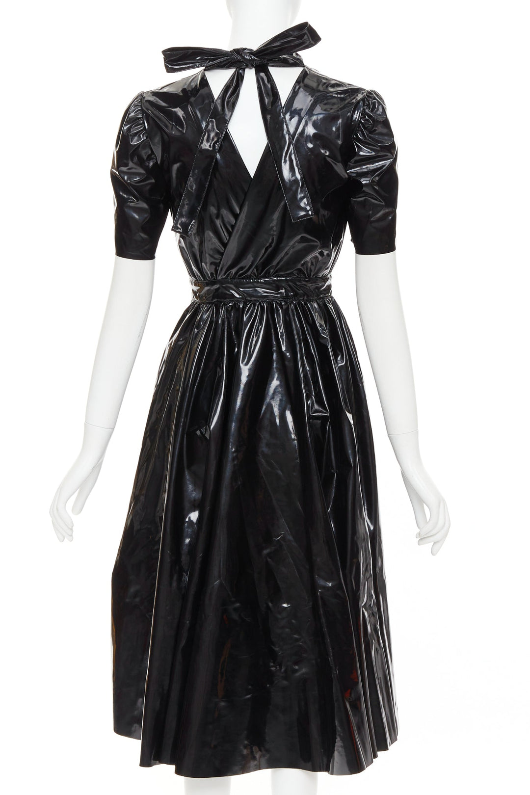 MSGM Vinyl Midi Nero black PVC short sleeve back bow tie midi dress IT38 XS