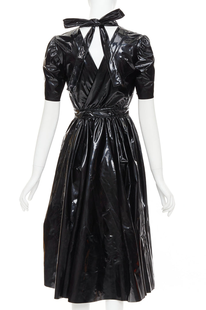 MSGM Vinyl Midi Nero black PVC short sleeve back bow tie midi dress IT38 XS