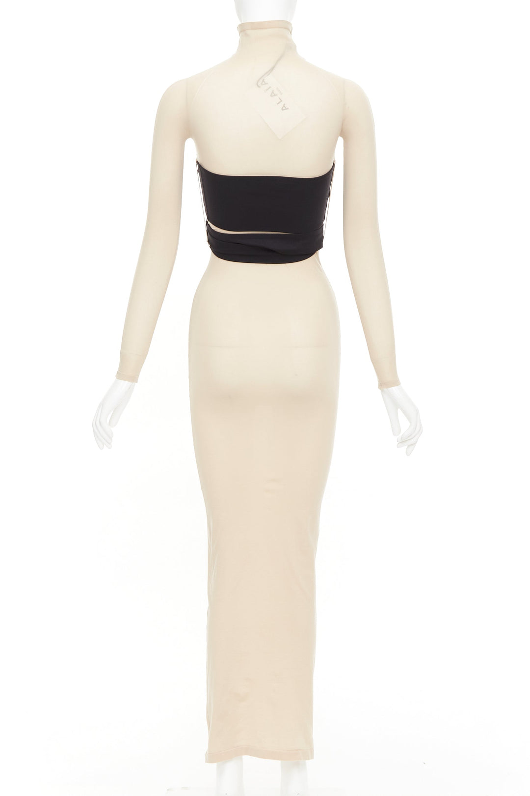 ALAIA 2023 beige second-skin band belted jersey turtleneck maxi dresse FR36 S