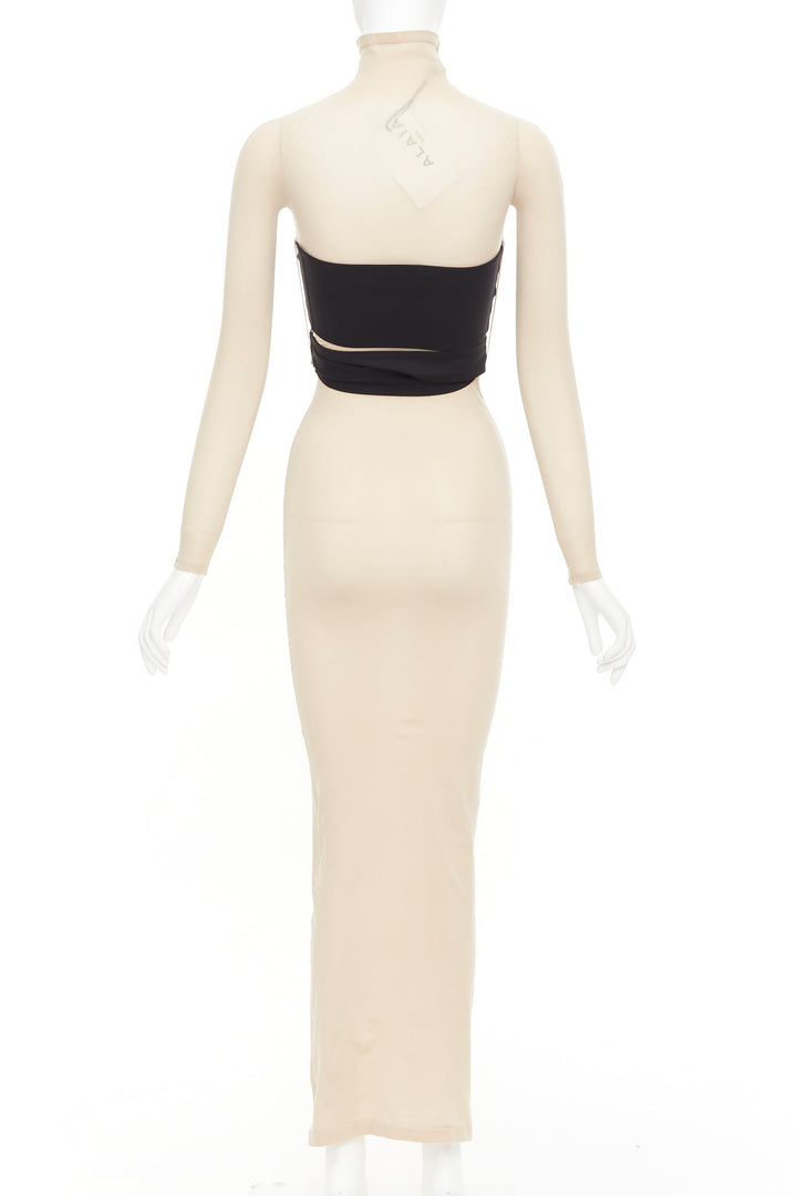 ALAIA 2023 beige second-skin band belted jersey turtleneck maxi dresse FR36 S