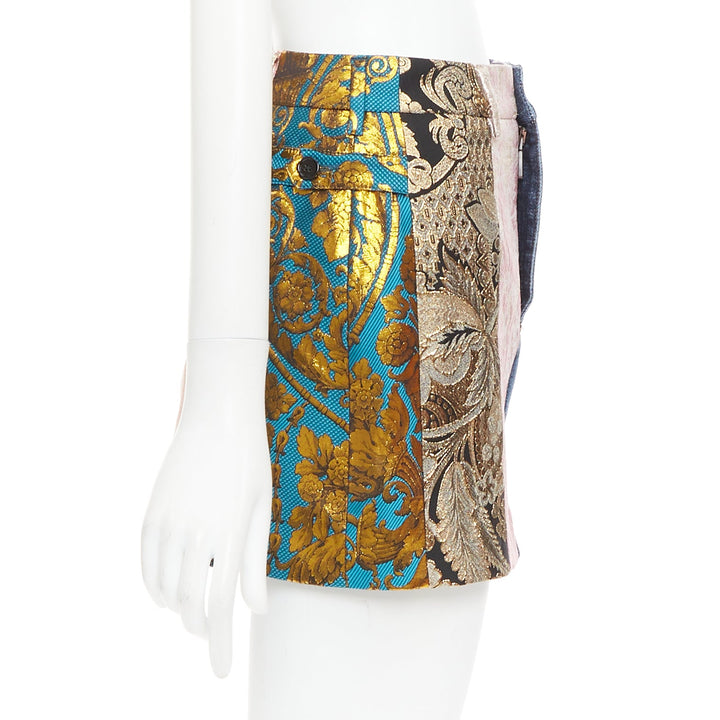 DOLCE GABBANA Denim Minirock gold blue jacquard patchwork mini skirt IT38 XS