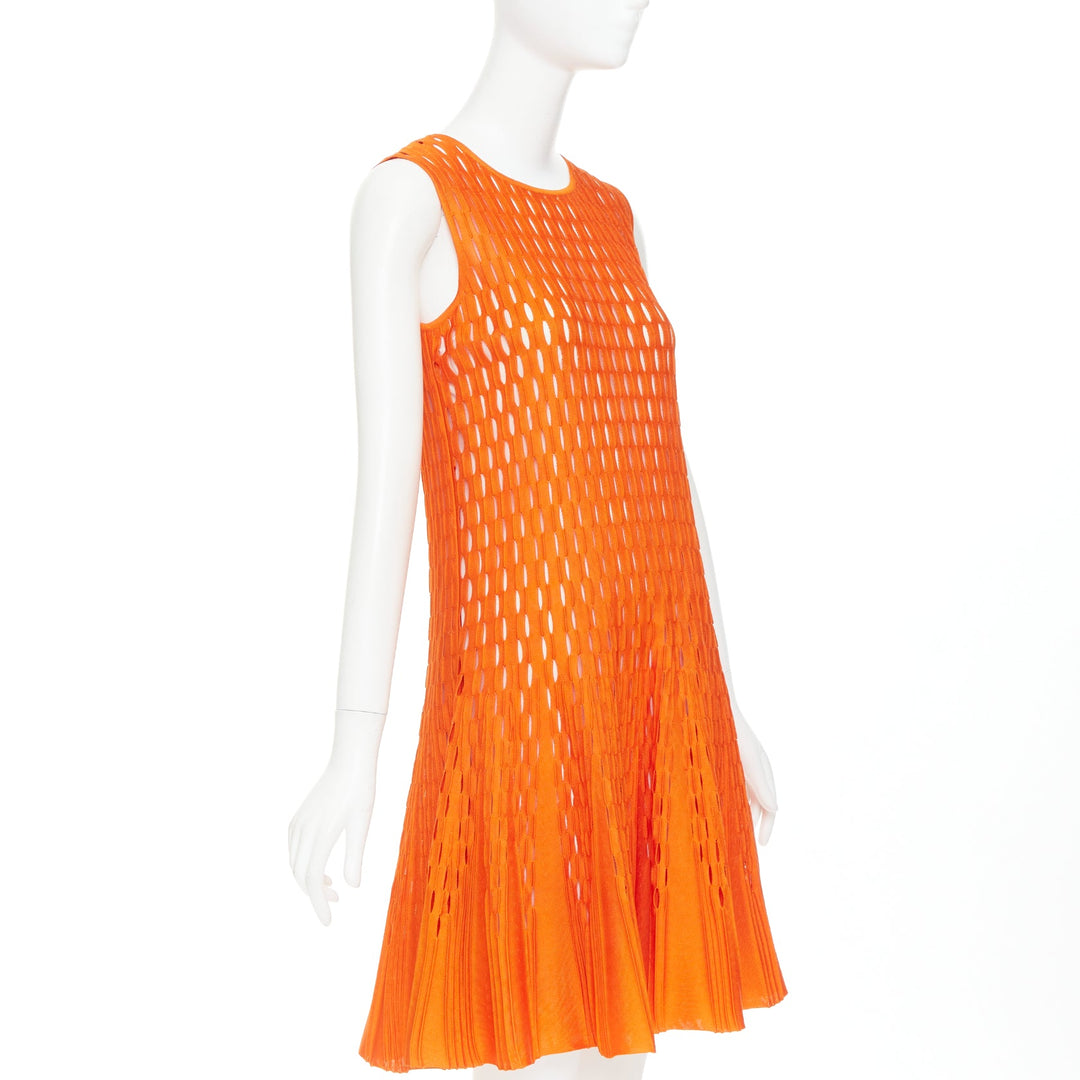 DIOR orange viscose blend perforated knit cream silk line fit flare dress FR38 M
