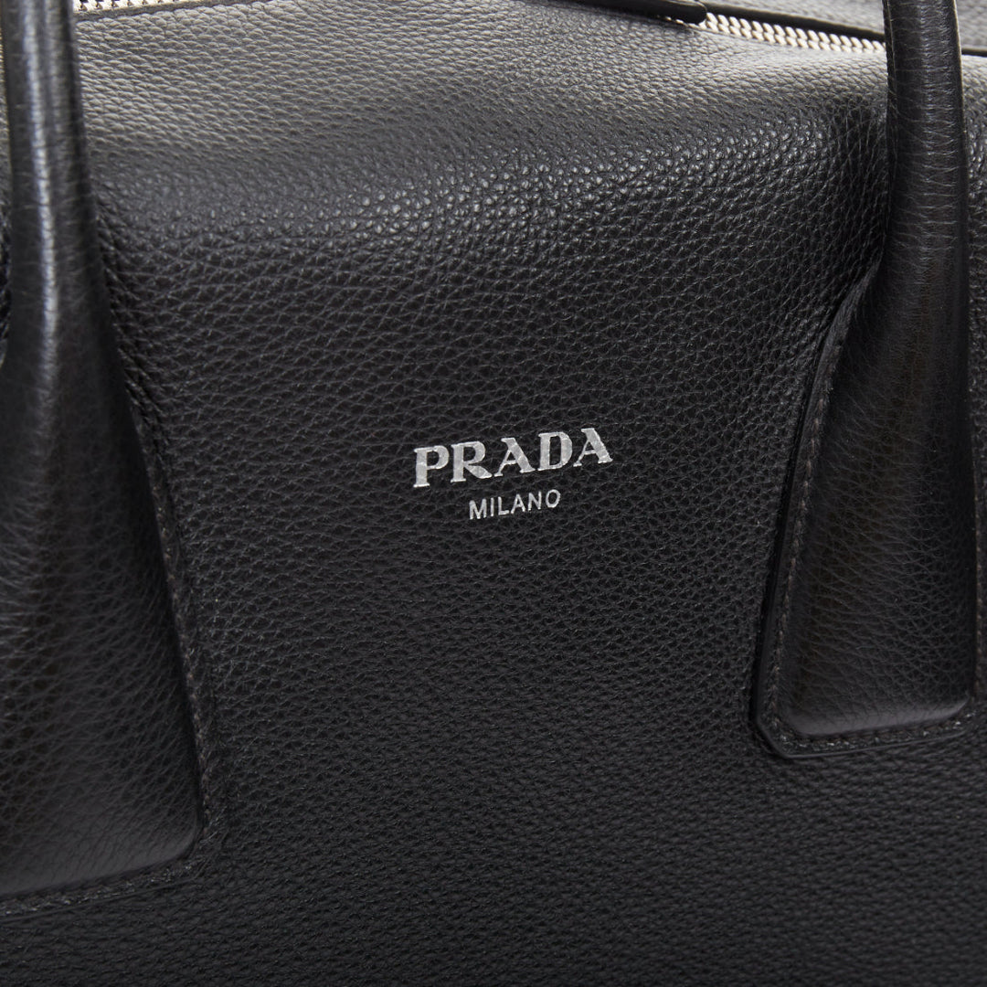 PRADA Vitello Daino metal logo black pebbled calfskin travel weekender tote bag