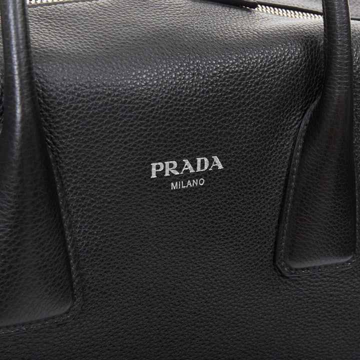 PRADA Vitello Daino metal logo black pebbled calfskin travel weekender tote bag