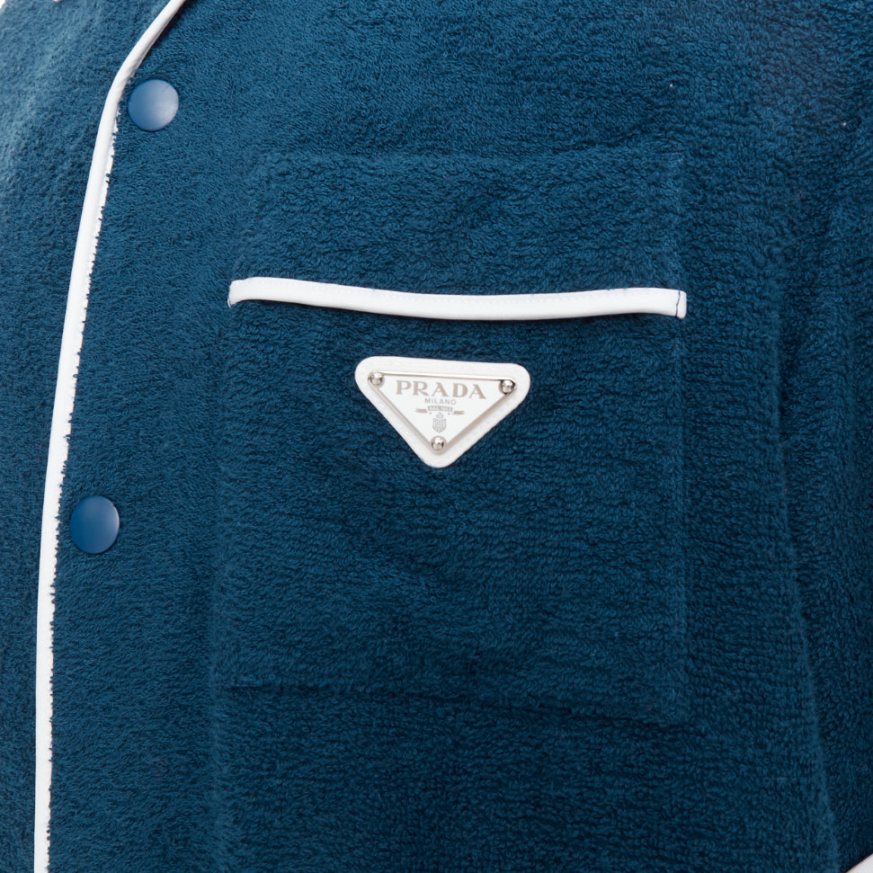 PRADA 2021 navy blue white terry cloth toweling cotton logo bowling shirt M
