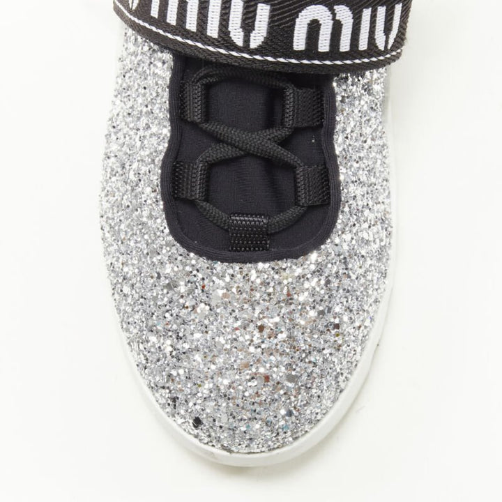 MIU MIU silver glitter logo strap low top runner sneaker EU36