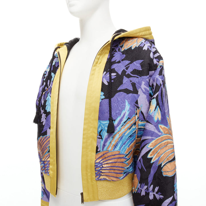 SAINT LAURENT 2022 Teddy purple floral jacquard kimono hooded jacket FR44 XS