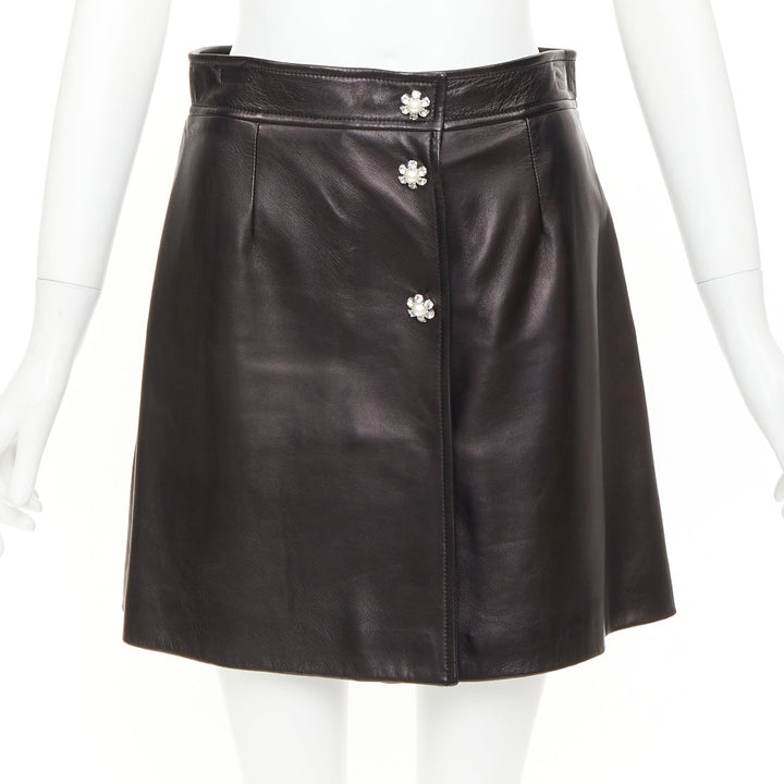 MIU MIU 2021 black lambskin nappa leather pearl floral button skirt IT40 S