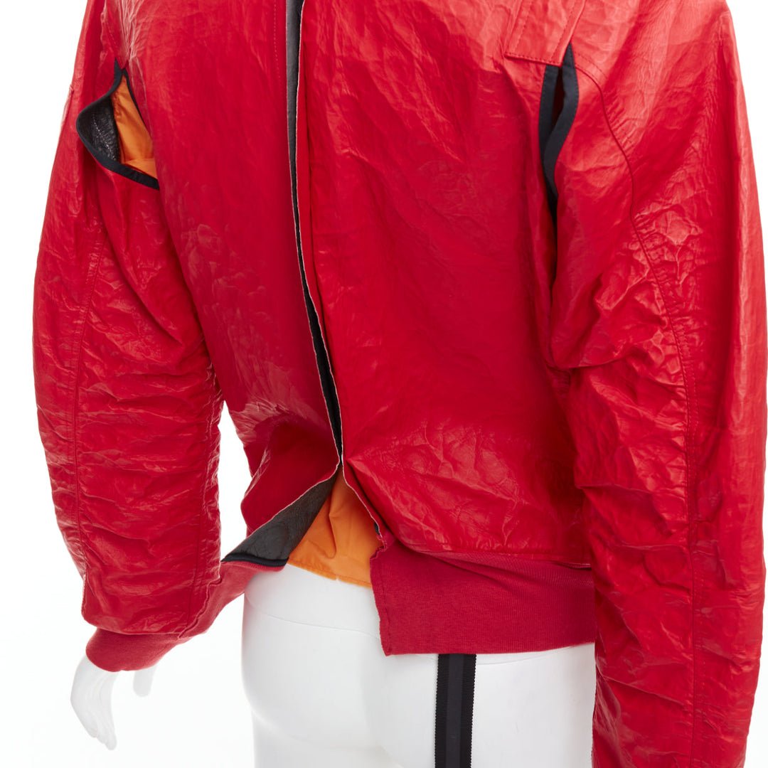 UNRAVELPROJECT red leather tyvek orange nylon lined bomber jacket IT38 XS