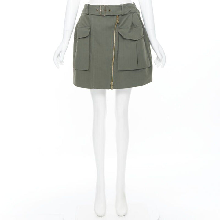 KENZO military khaki green cotton dual pockets belted elasticated skirt Fr38