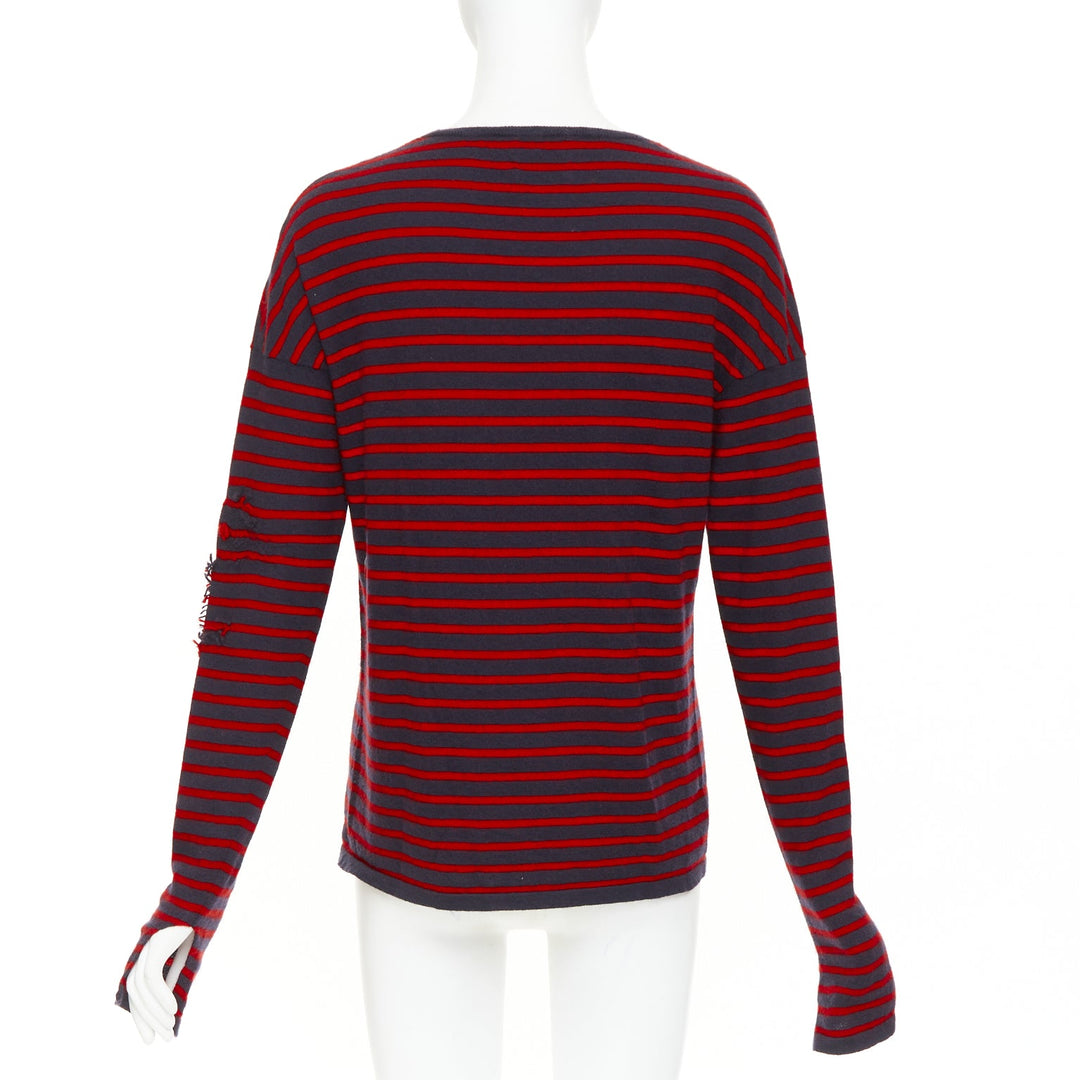 BARRIE 100% cashmere navy red fringe applique asymmetric striped sweater S