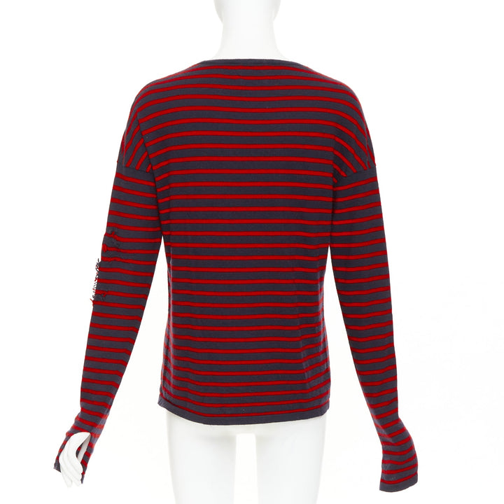 BARRIE 100% cashmere navy red fringe applique asymmetric striped sweater S