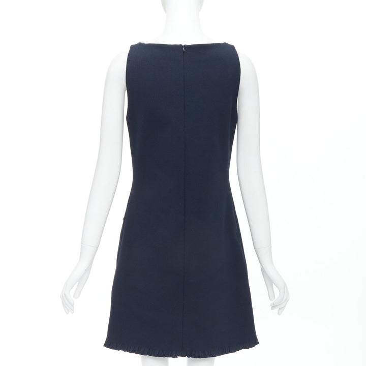 LANVIN 2015 navy cotton rhinestone embellished ribbon shift dress FR36 S