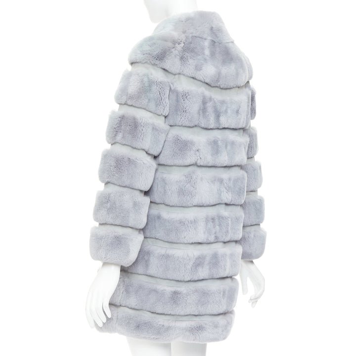 INNIU misty blue fur leather horizontal tiered long coat