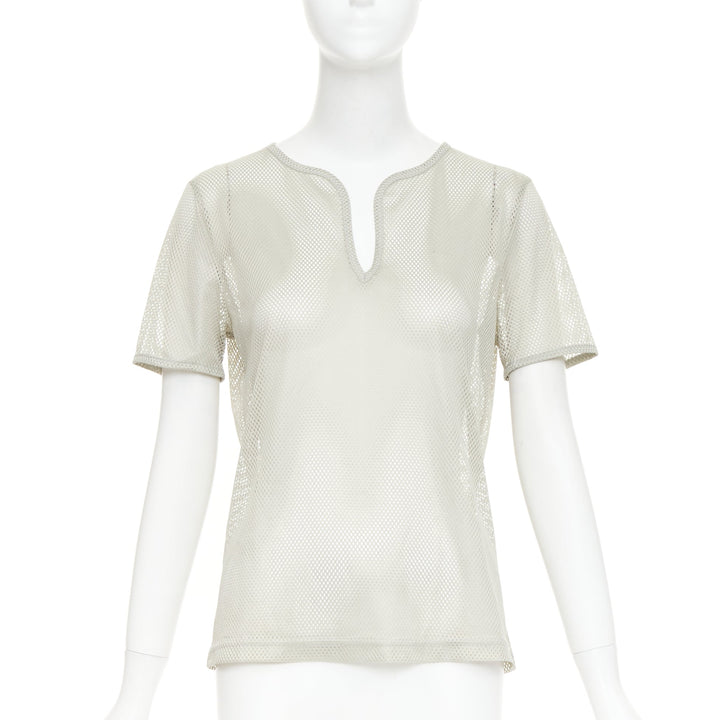 CHANEL SPORTS 03P Vintage grey sheer mesh silver CC logo split neck top FR40 L