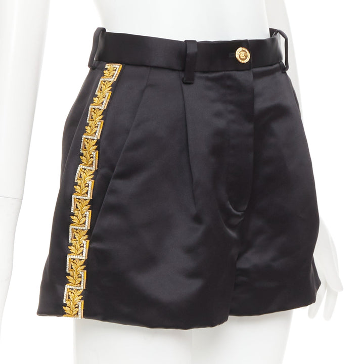 VERSACE black gold Greca embroidered crystal trim mini short shorts IT40 S
