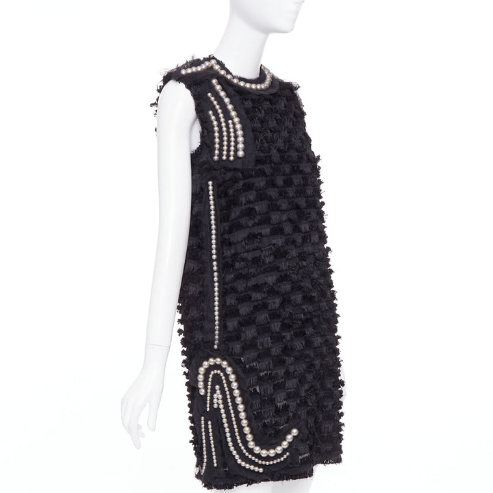 LANVIN 2015 black pearl mesh embellished eyelash fringe silk lined dress FR36 S